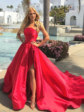 Long A-line Strapless Side Slit Satin Formal Prom Dresses with Train