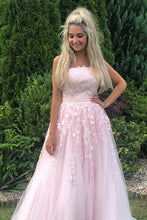 Long A-line Strapless Tulle Lace Prom Dress Pink Formal Graduation Evening Gowns