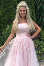 Long A-line Strapless Tulle Lace Prom Dress Pink Formal Graduation Evening Gowns