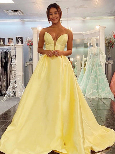 Long A-line Sweetheart Backless Satin Prom Dress Yellow Formal Graduation Evening Dresses