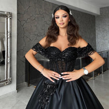 Long A-line Sweetheart Off the Shoulder Satin Black Formal Prom Dresses with Lace