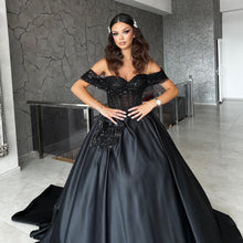 Long A-line Sweetheart Off the Shoulder Satin Black Formal Prom Dresses with Lace
