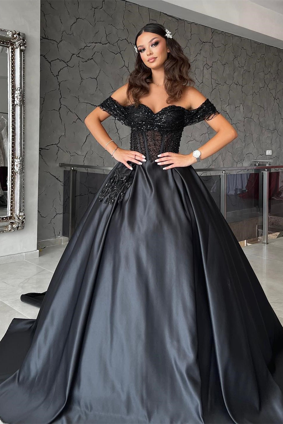 Long A-line Sweetheart Off the Shoulder Satin Black Formal Prom Dresses with Lace