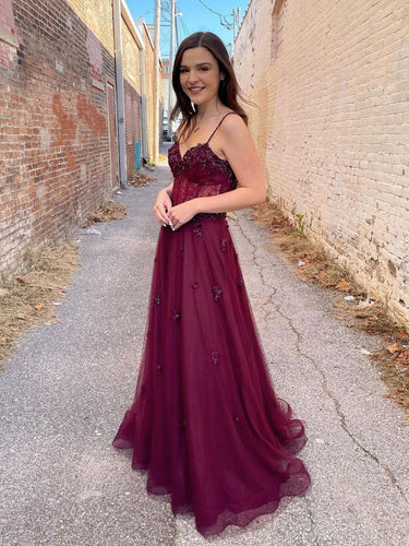 Long A Line Sweetheart Tulle Backless Prom dress Burgundy Formal Graduation Evening Dresses
