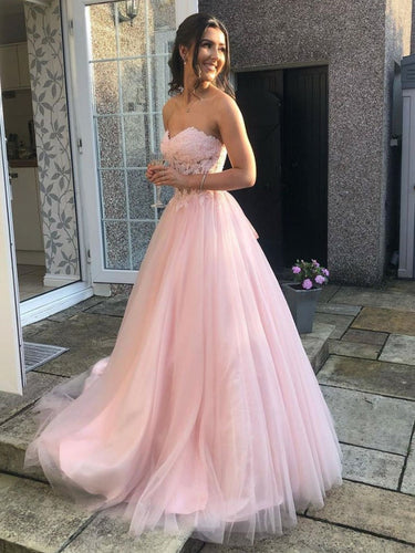 Long A-line Sweetheart Tulle Lace Prom Dress Pink Lace Formal Evening Gowns