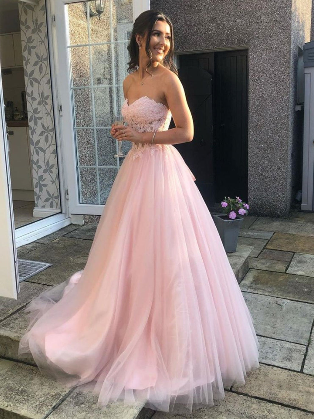 Long A-line Sweetheart Tulle Lace Prom Dress Pink Lace Formal Evening Gowns