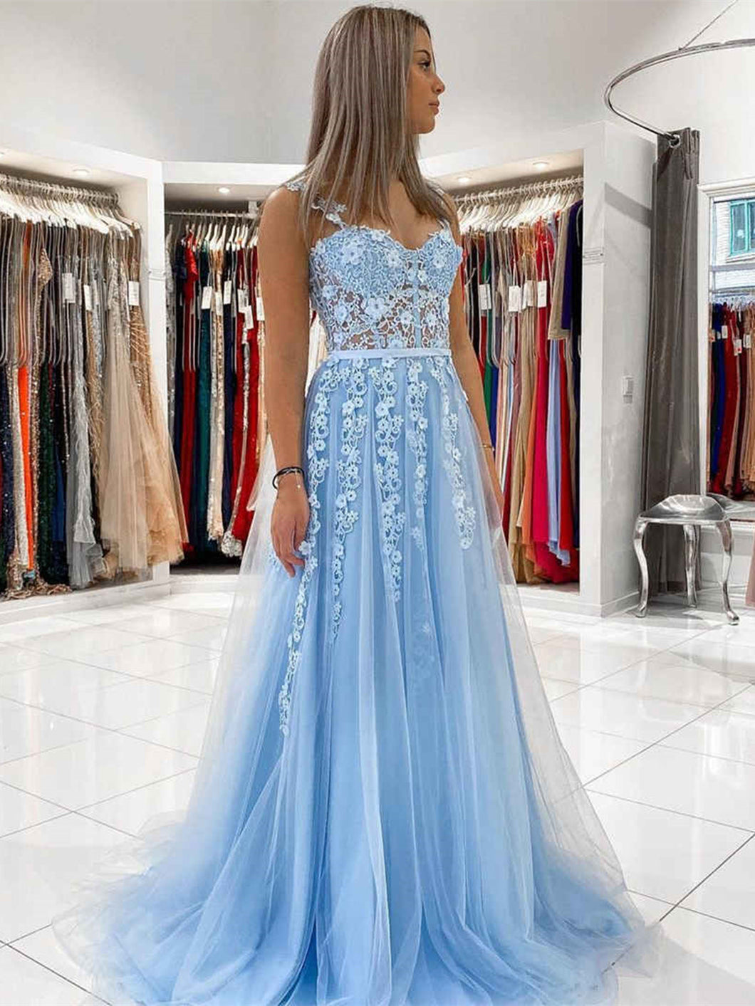 Long A-line Sweetheart Tulle Lace Prom Dress Sky Blue Formal Graduation Evening Dresses with 3D Flowers