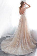 Long A-line Tulle Backless Champangne Evening Dresses