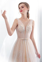 Long A-line Tulle Backless Champangne Evening Dresses