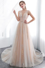 Long A-line Tulle Backless Champangne Evening Dresses