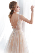 Long A-line Tulle Backless Champangne Evening Dresses
