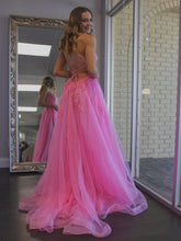 Long A-line Tulle Lace Backless Prom Dress with Slit Pink Formal Evening Gowns