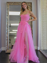 Long A-line Tulle Lace Backless Prom Dress with Slit Pink Formal Evening Gowns