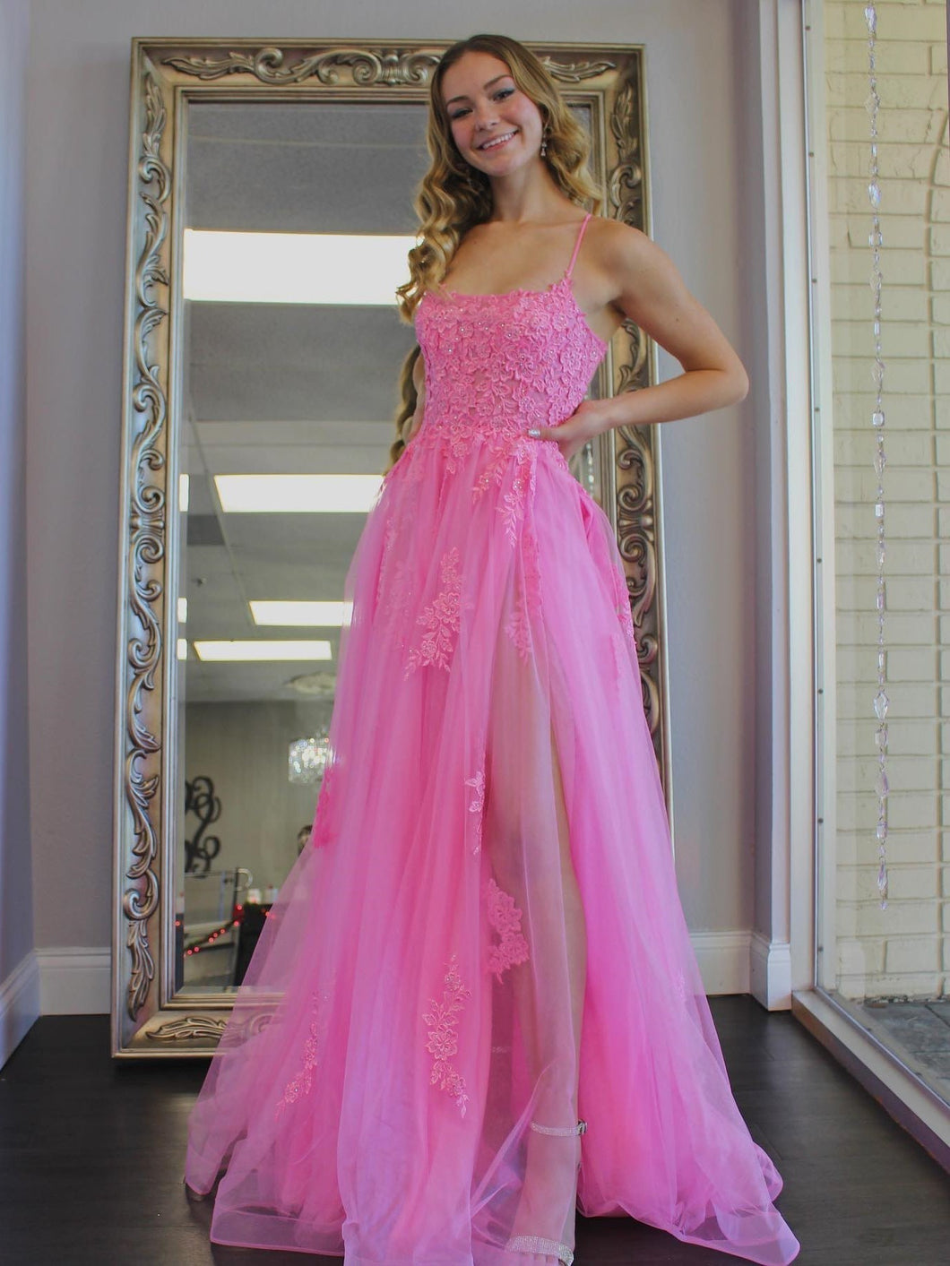 Long A-line Tulle Lace Backless Prom Dress with Slit Pink Formal Evening Gowns