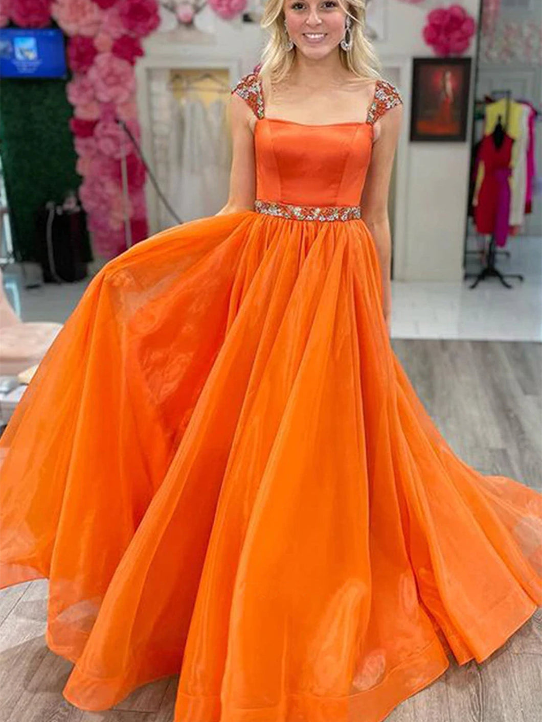 Long A-line Tulle Prom Dress with Cap Sleeves Orange Formal Graduation Evening Dresses