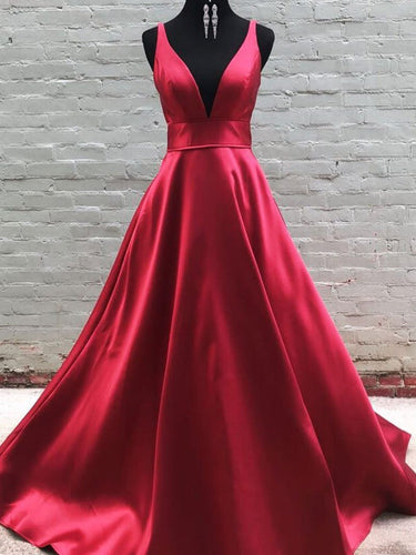 Long A Line V Neck Prom Dresses Satin Formal Evening Gowns