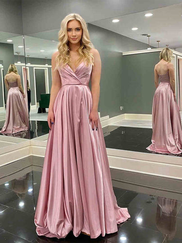 Long A-line V-neck Satin Backless Prom Dress with Slit Pink Formal Graduation Evening Dresses