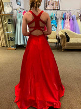 Long A Line V Neck Satin Backless Prom Dresses with Pockets Red Formal Graduation Evening Dresses