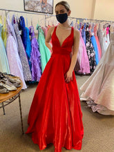 Long A Line V Neck Satin Backless Prom Dresses with Pockets Red Formal Graduation Evening Dresses