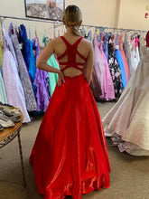 Long A Line V Neck Satin Backless Prom Dresses with Pockets Red Formal Graduation Evening Dresses