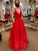 Long A Line V Neck Satin Backless Prom Dresses with Pockets Red Formal Graduation Evening Dresses