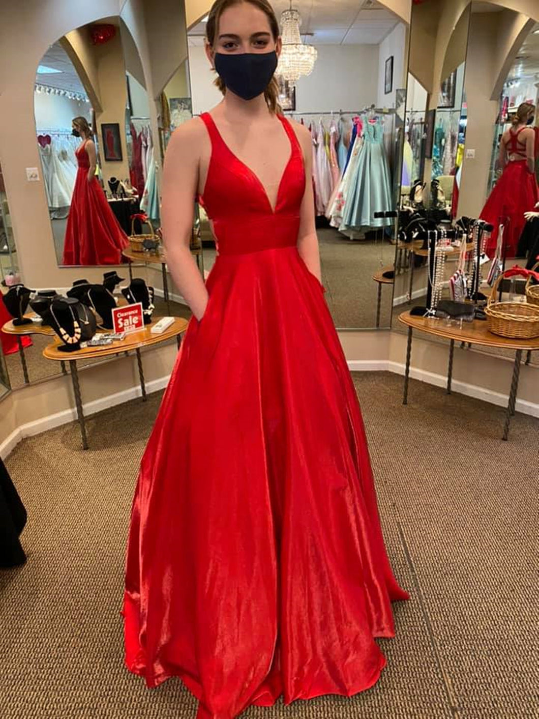 Long A Line V Neck Satin Backless Prom Dresses with Pockets Red Formal Graduation Evening Dresses