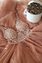 Long A-line V-neck Tulle Beading Formal Evening Prom Dresses