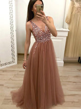 Long A-line V-neck Tulle Beading Formal Evening Prom Dresses