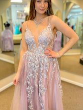 Long A-line V-neck Tulle Front Slit Formal Prom Dress with Lace Appliques