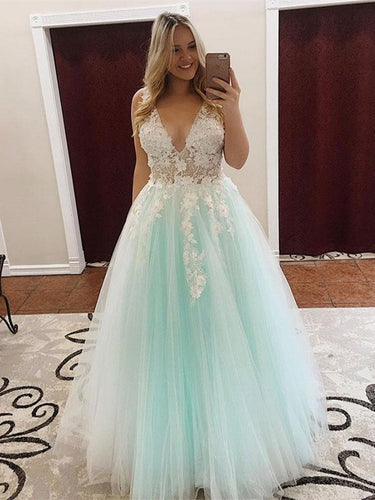 Long A Line V Neck Tulle Lace Appliques Prom Formal Evening Dresses