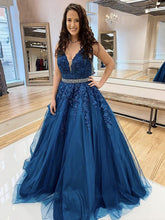 Long A-line V-neck Tulle Lace Floral Prom Dress Blue Formal Evening Dresses
