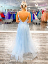 Long A Line V Neck Tulle Open Back Prom Dress with Lace Flowers Sky Blue Formal Graduation Evening Dresses