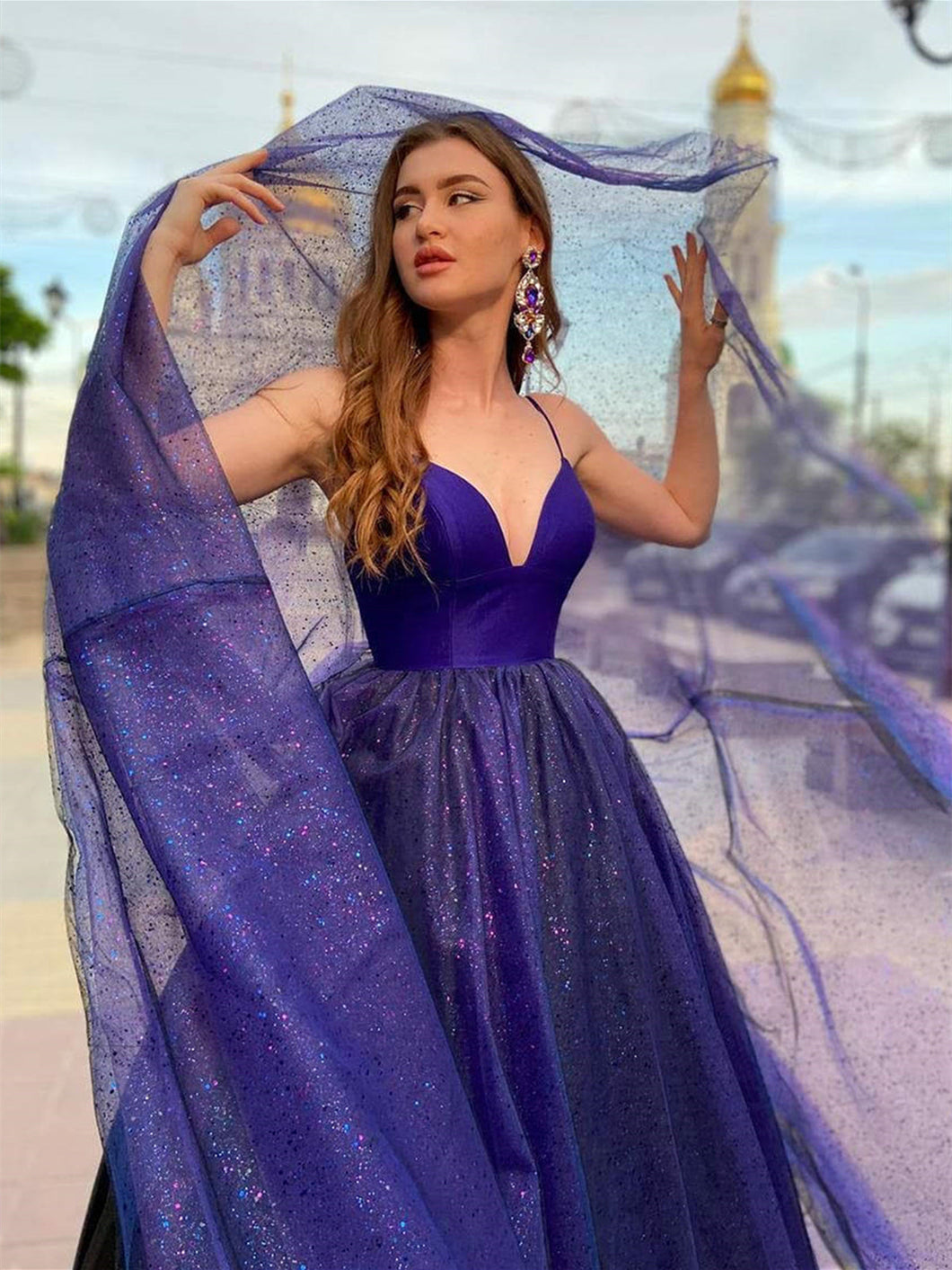 Long A Line V Neck Tulle Prom Dress Backless Formal Evening Gowns