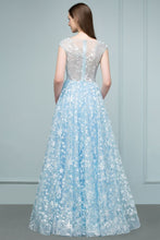 Long Appliqued Tulle A-line Cap Sleeves Prom Dresses