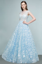 Long Appliqued Tulle A-line Cap Sleeves Prom Dresses