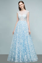 Long Appliqued Tulle A-line Cap Sleeves Prom Dresses