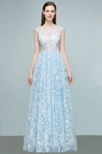 Long Appliqued Tulle A-line Cap Sleeves Prom Dresses