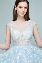 Long Appliqued Tulle A-line Cap Sleeves Prom Dresses
