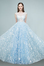 Long Appliqued Tulle A-line Cap Sleeves Prom Dresses