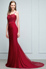 Long Burgundy Mermaid Spaghetti Sweetheart Appliques Prom Dresses with Beads