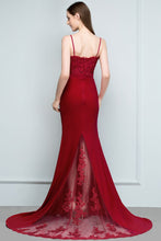 Long Burgundy Mermaid Spaghetti Sweetheart Appliques Prom Dresses with Beads