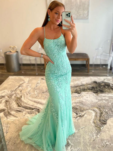 Long Mermaid Backless Lace Prom Dress Mint Green Backless Formal Evening Gowns