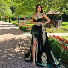 Long Mermaid Dark Green Evening Dresses with Gold Lace appliques