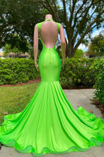 Long Mermaid Deep Sequined V-neck Stretch Satin Backless Prom Dress with Appliques