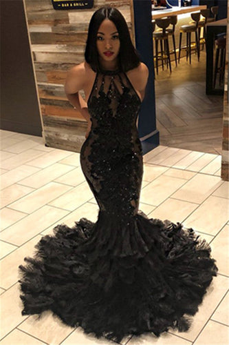 Long Mermaid Halter Open Back Appliques Black Prom Dress