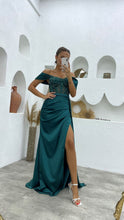 Long Mermaid Off the shoulder Satin Beading Formal Prom Dresses with Slit