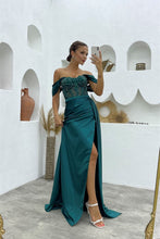 Long Mermaid Off the shoulder Satin Beading Formal Prom Dresses with Slit