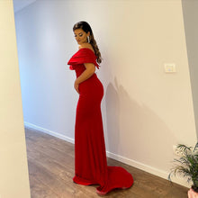 Long Mermaid Off the Shoulder Satin Red Formal Prom Dresses with Slit
