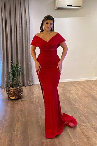 Long Mermaid Off the Shoulder Satin Red Formal Prom Dresses with Slit