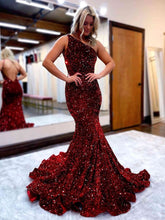 Long Mermaid One Shoulder Open Back Sequins Prom Dress Burgundy Formal Evening Gowns